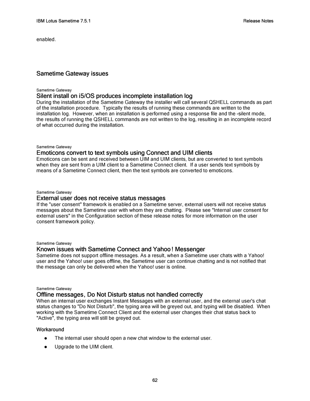 IBM G325-2585-02 manual Sametime Gateway issues, External user does not receive status messages 