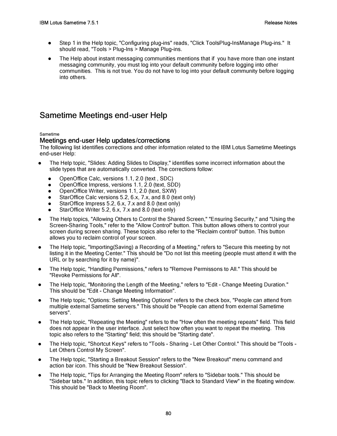 IBM G325-2585-02 manual Sametime Meetings end-user Help, Meetings end-user Help updates/corrections 