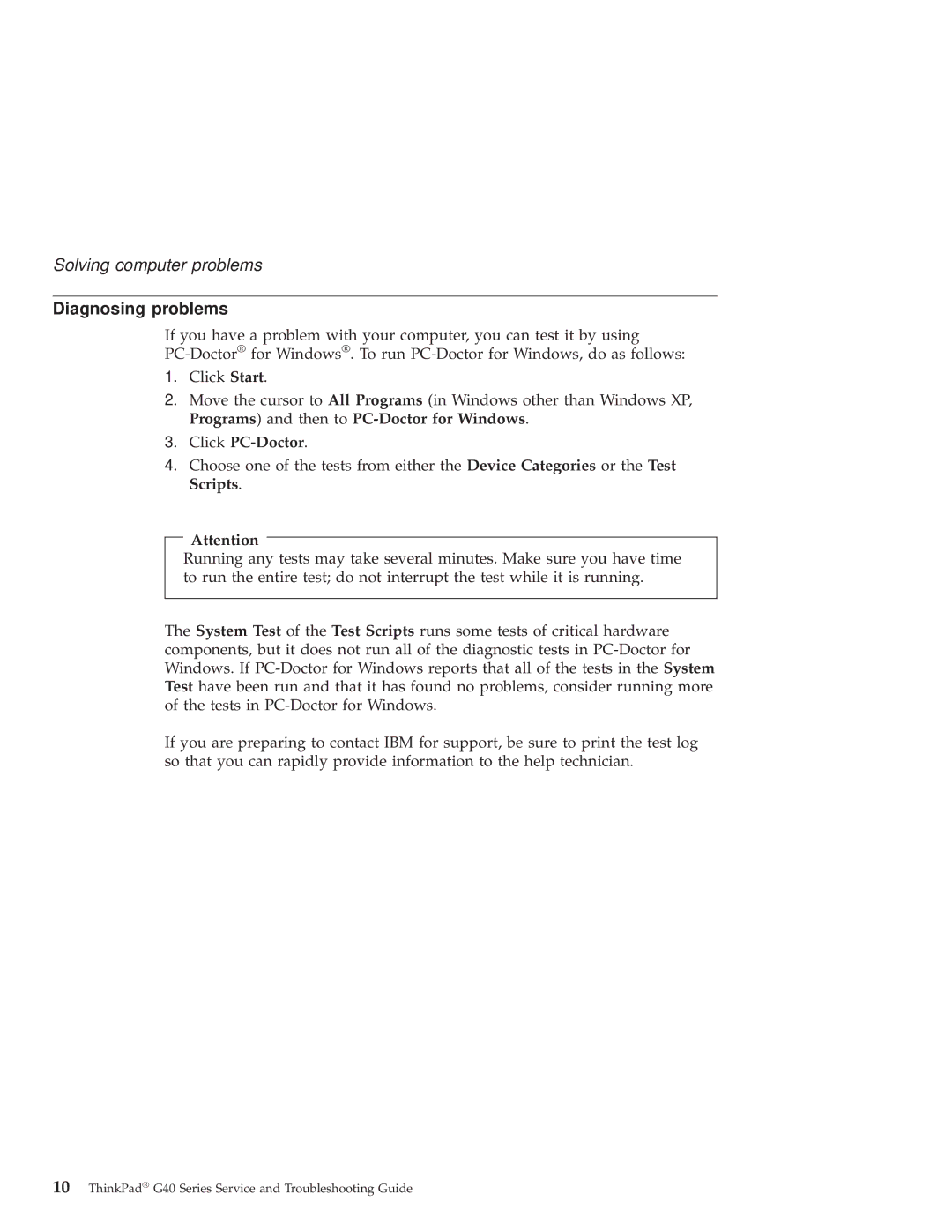 IBM G40 Series manual Diagnosing problems, Click PC-Doctor 