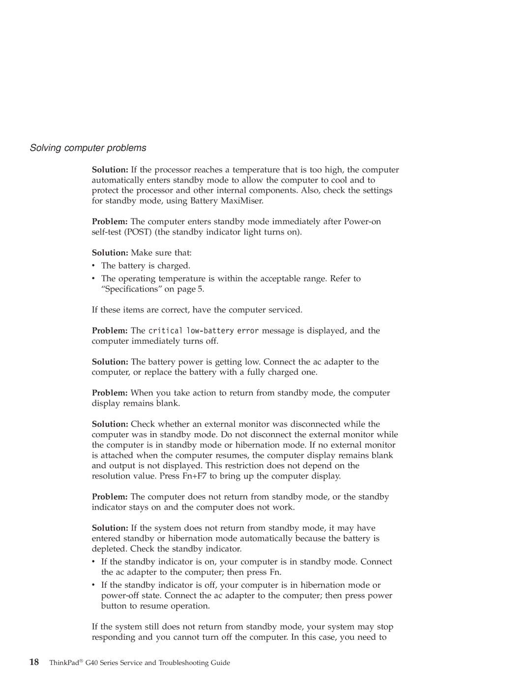 IBM G40 Series manual Solving computer problems 