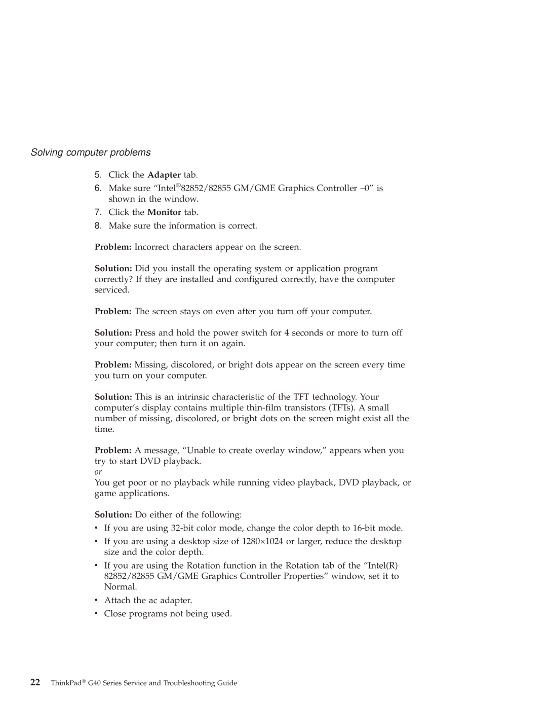 IBM G40 Series manual Solving computer problems 