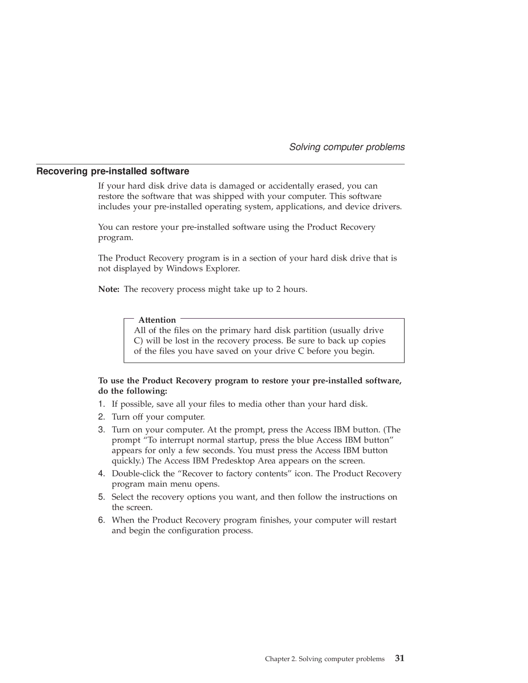 IBM G40 Series manual Recovering pre-installed software 