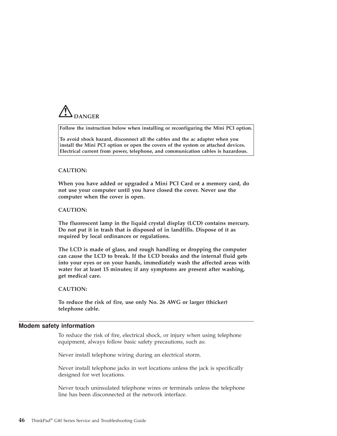 IBM G40 Series manual Modem safety information 