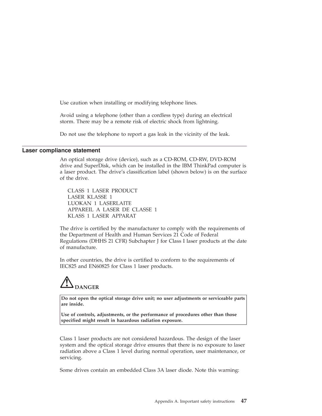 IBM G40 Series manual Laser compliance statement 