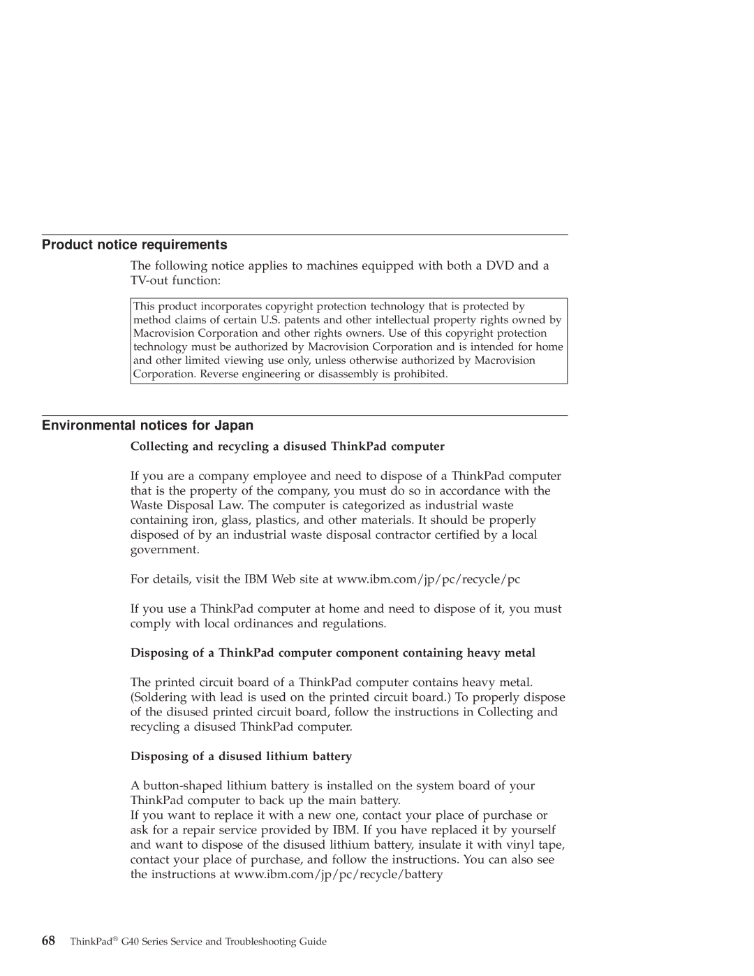 IBM G40 Series manual Product notice requirements, Environmental notices for Japan, Disposing of a disused lithium battery 