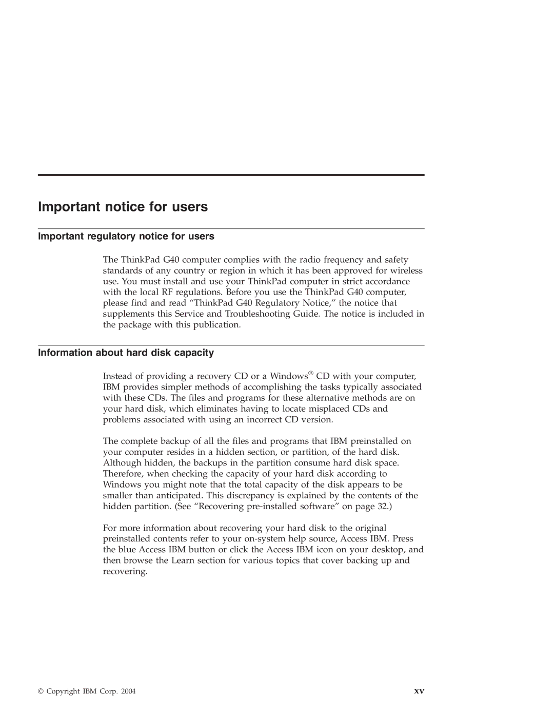 IBM G40 manual Important notice for users, Important regulatory notice for users, Information about hard disk capacity 