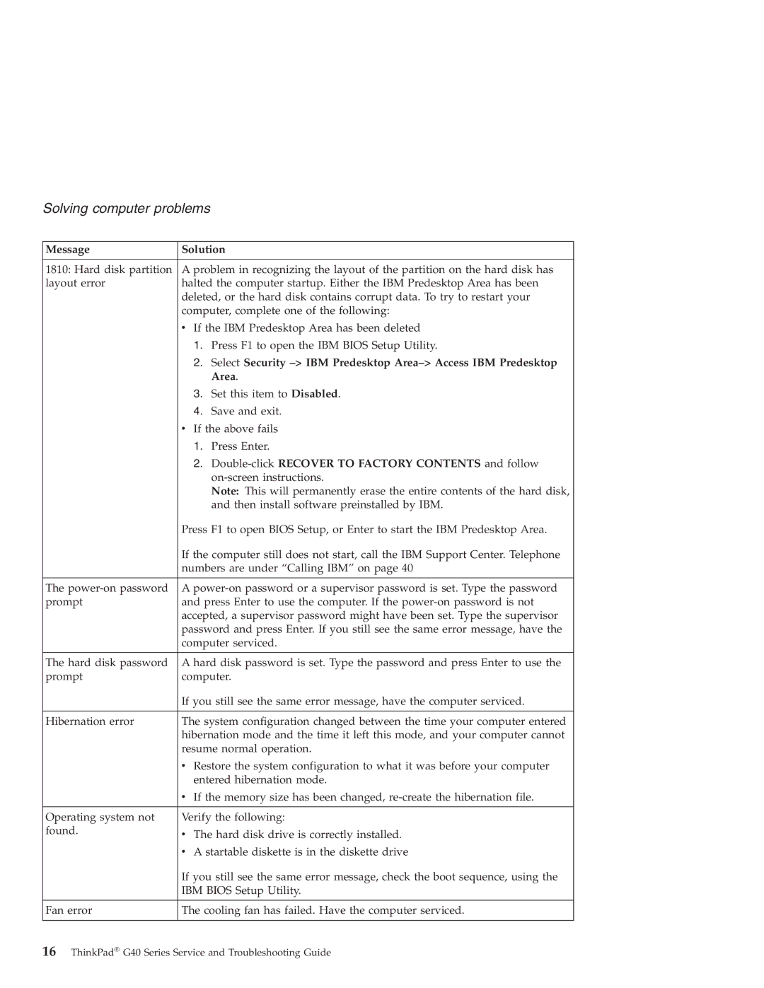 IBM G40 manual Select Security IBM Predesktop Area- Access IBM Predesktop 