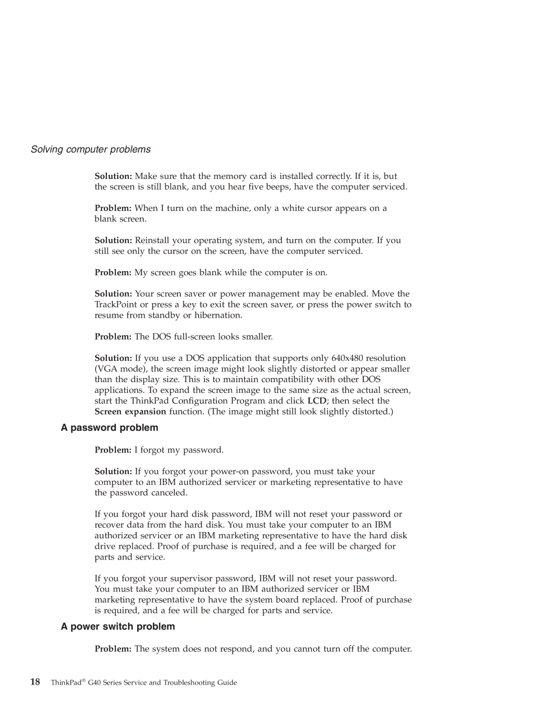 IBM G40 manual Password problem, Power switch problem 