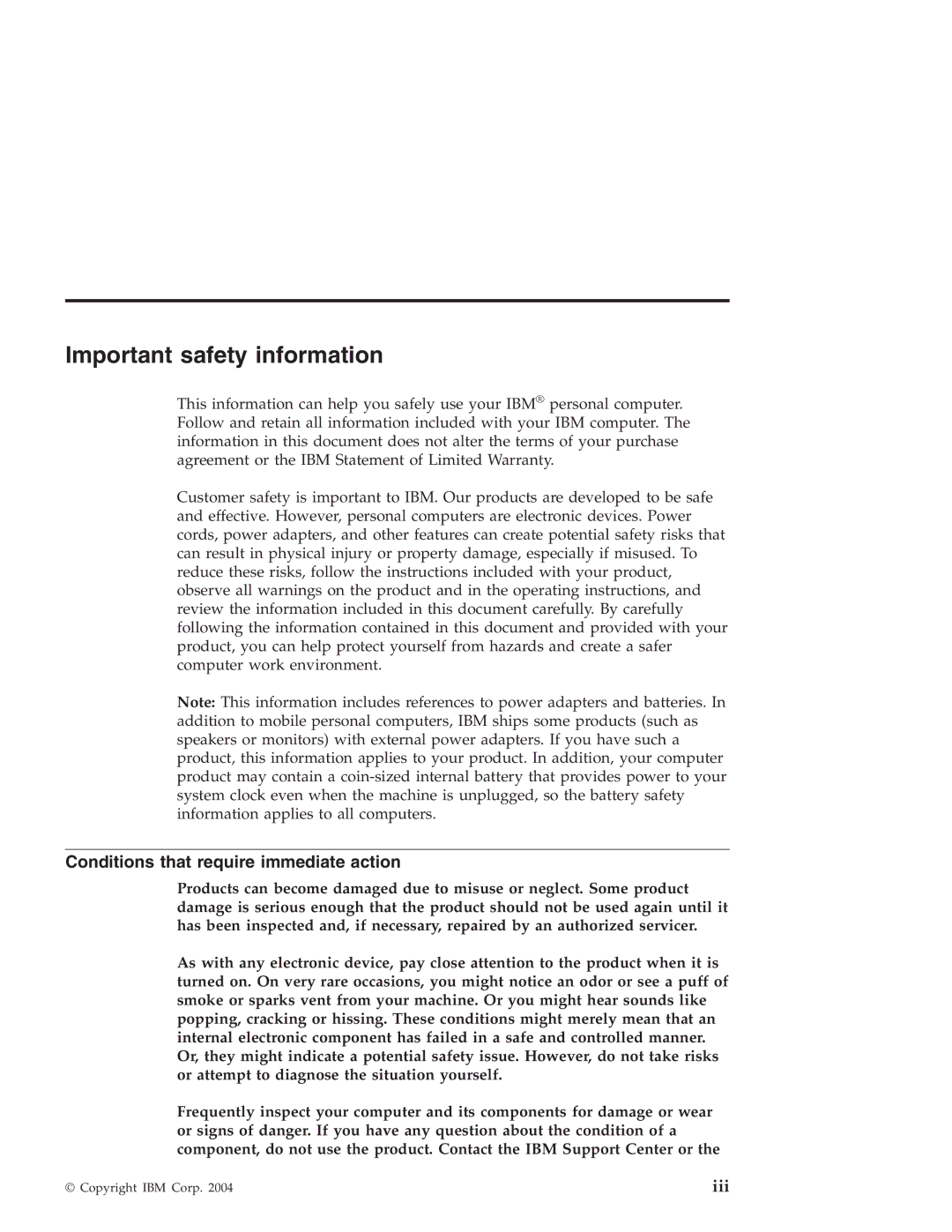 IBM G40 manual Important safety information, Conditions that require immediate action 