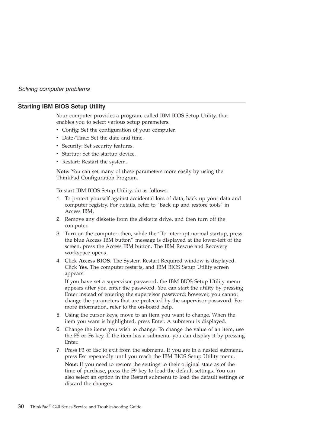 IBM G40 manual Starting IBM Bios Setup Utility 