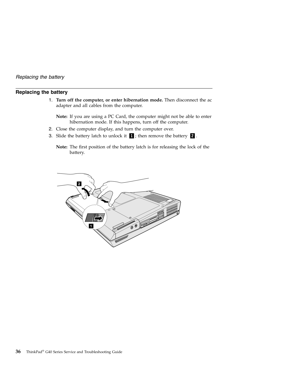 IBM G40 manual Replacing the battery 