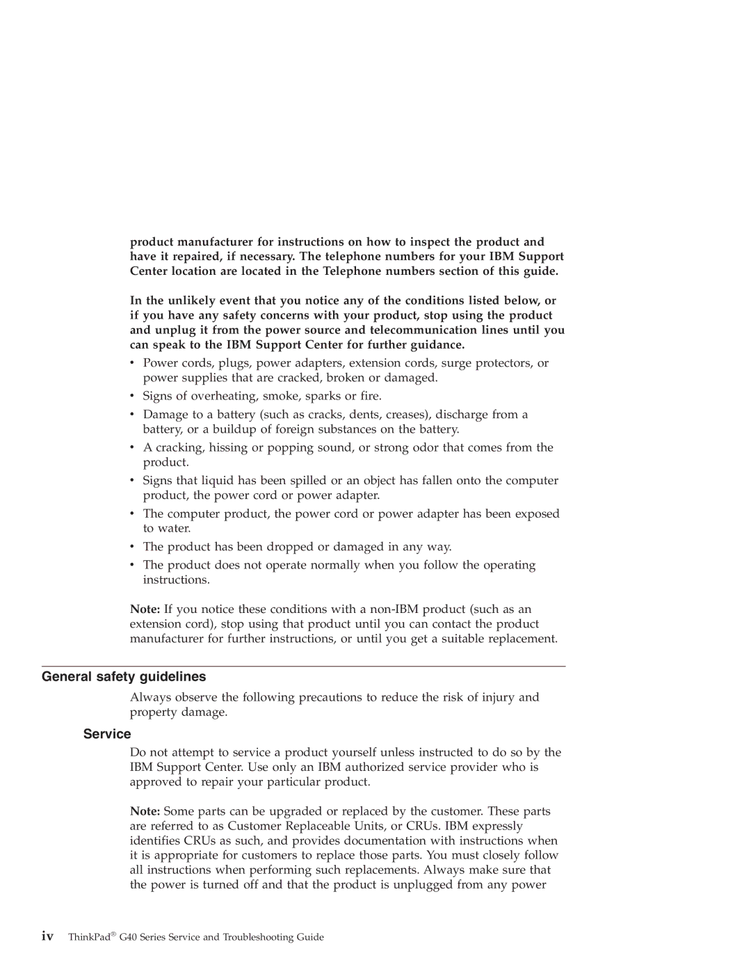 IBM G40 manual General safety guidelines, Service 