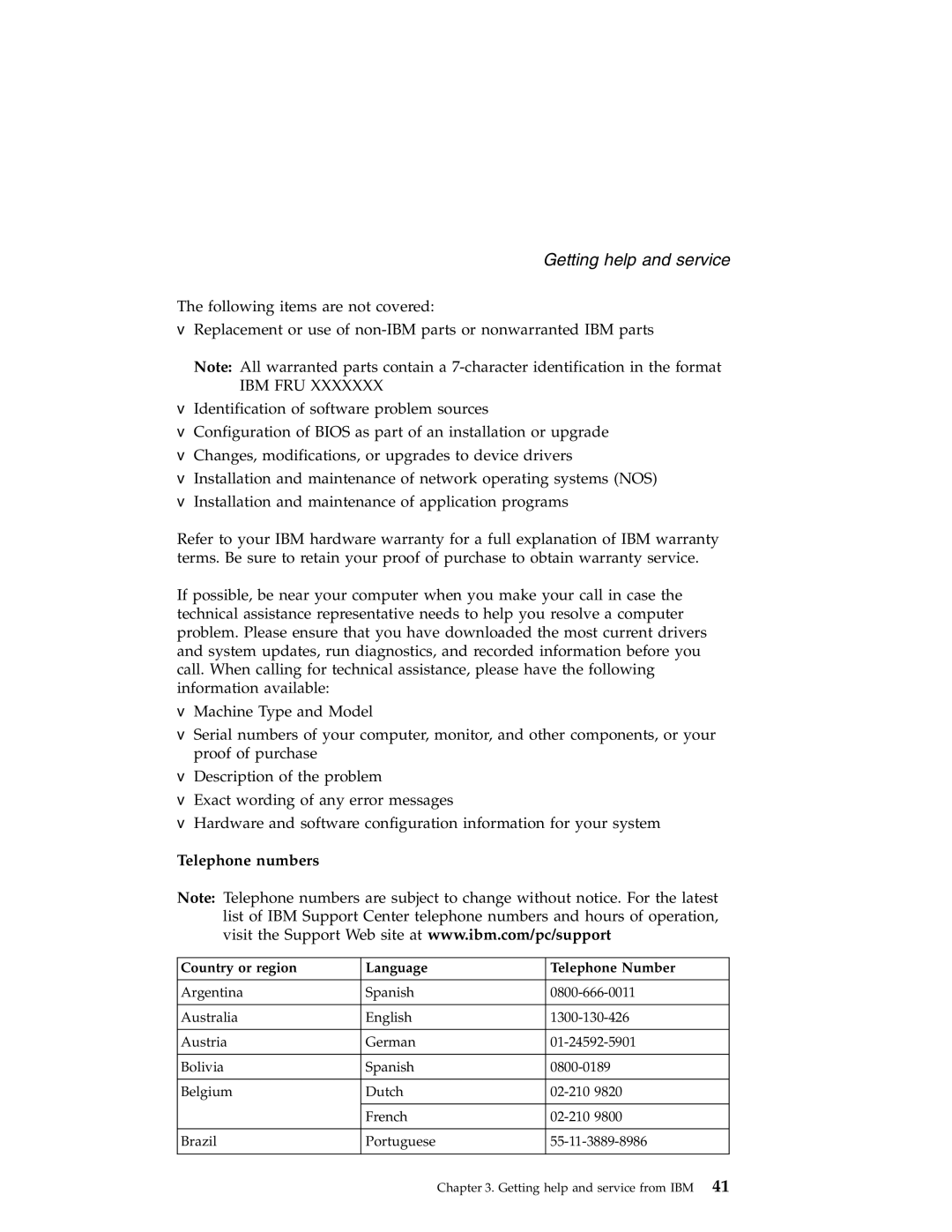 IBM G40 manual Ibm Fru, Telephone numbers 