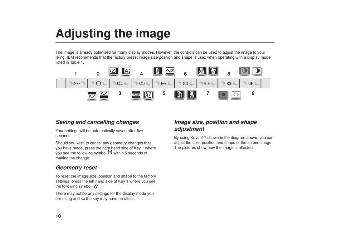 IBM G41/G50 Adjusting the image, Saving and cancelling changes, Image size, position and shape adjustment, Geometry reset 