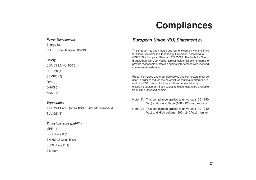 IBM G41/G50 manual Compliances, European Union EU Statement, Power Management, Safety, Ergonomics, Emissions/susceptibility 
