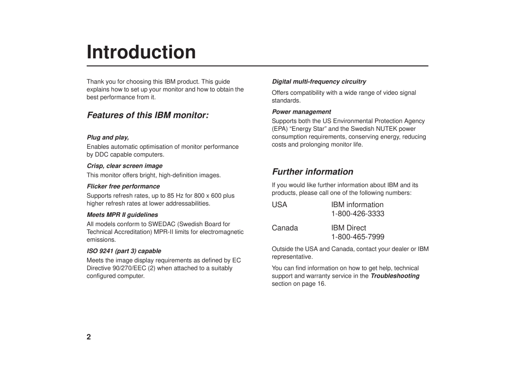 IBM G41/G50 manual Introduction, Features of this IBM monitor, Further information, IBM information, Canada, IBM Direct 