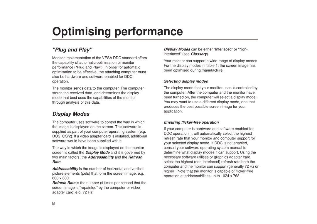 IBM G41/G50 manual Optimising performance, Plug and Play, Display Modes 