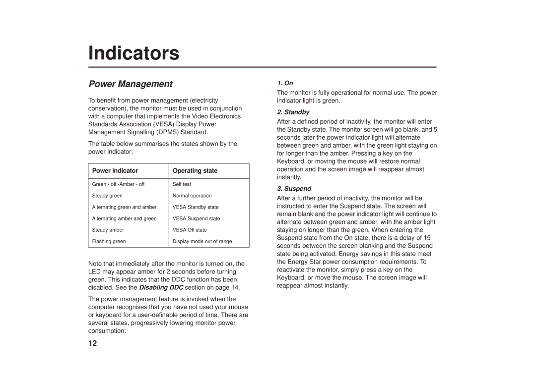 IBM G41/G50 manual Indicators, Power Management, Standby, Suspend 