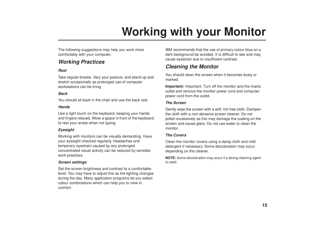 IBM G41/G50 manual Working with your Monitor, Working Practices, Cleaning the Monitor 