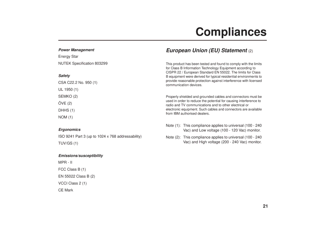 IBM G41/G50 manual Compliances, European Union EU Statement, Safety, Ergonomics, Emissions/susceptibility 