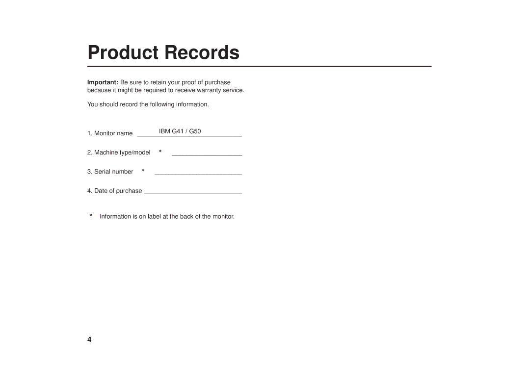 IBM G41/G50 manual Product Records 