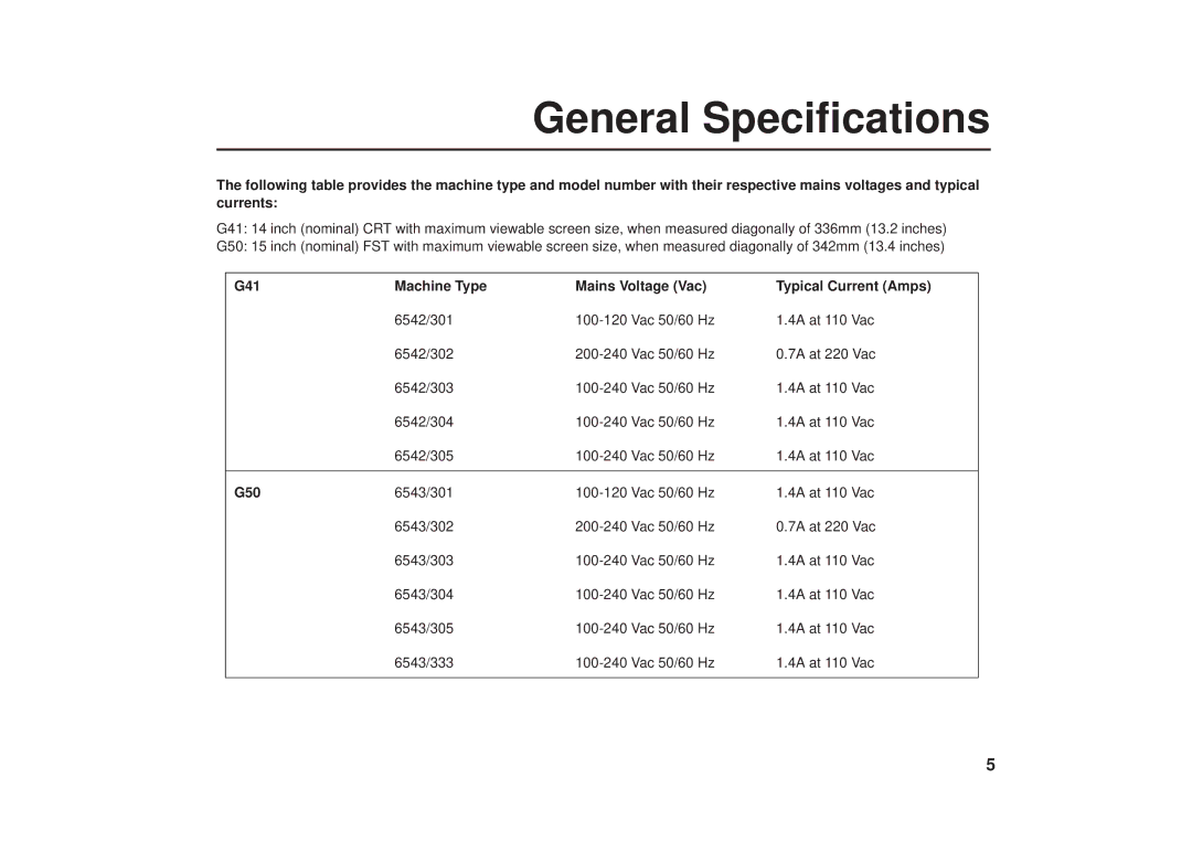 IBM G41/G50 manual General Specifications 