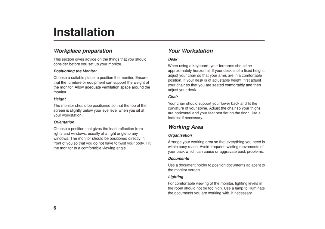 IBM G41/G50 manual Installation, Workplace preparation, Your Workstation, Working Area 