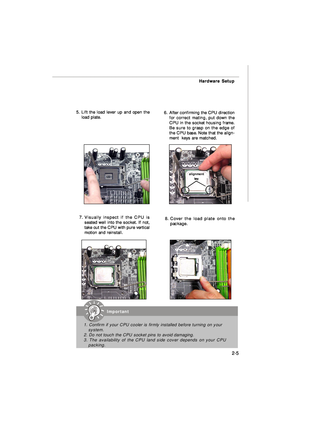 IBM G52-72361X2 manual Do not touch the CPU socket pins to avoid damaging, Lift the load lever up and open the load plate 