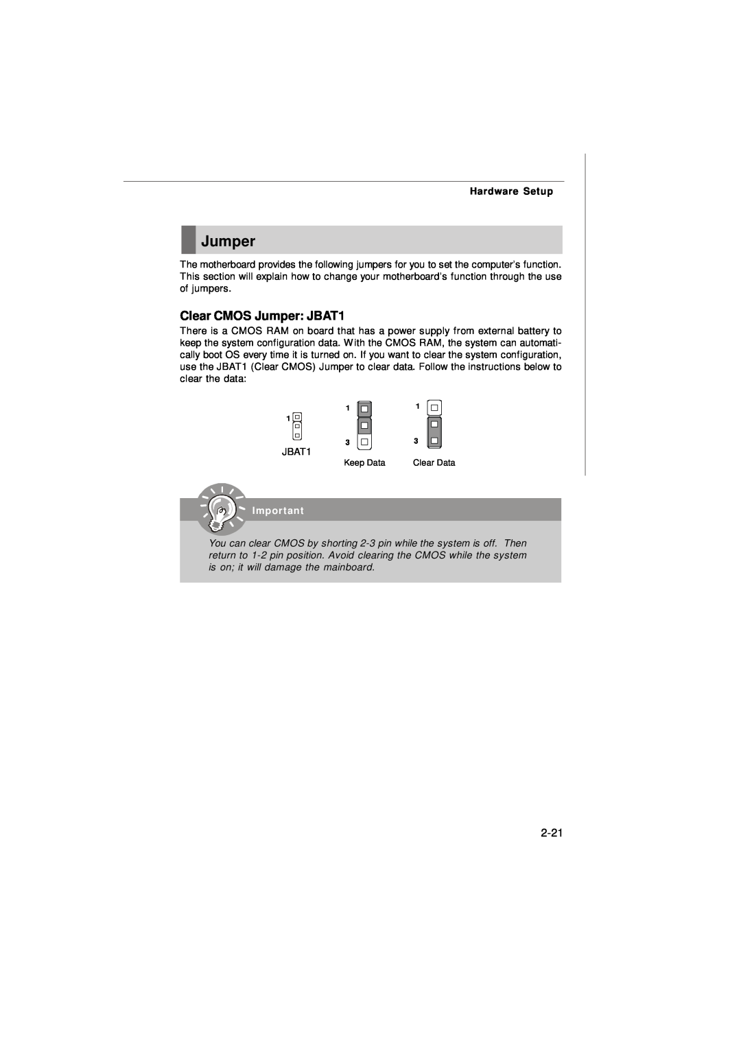IBM G52-72361X2 manual Clear CMOS Jumper JBAT1, 2-21, Hardware Setup 