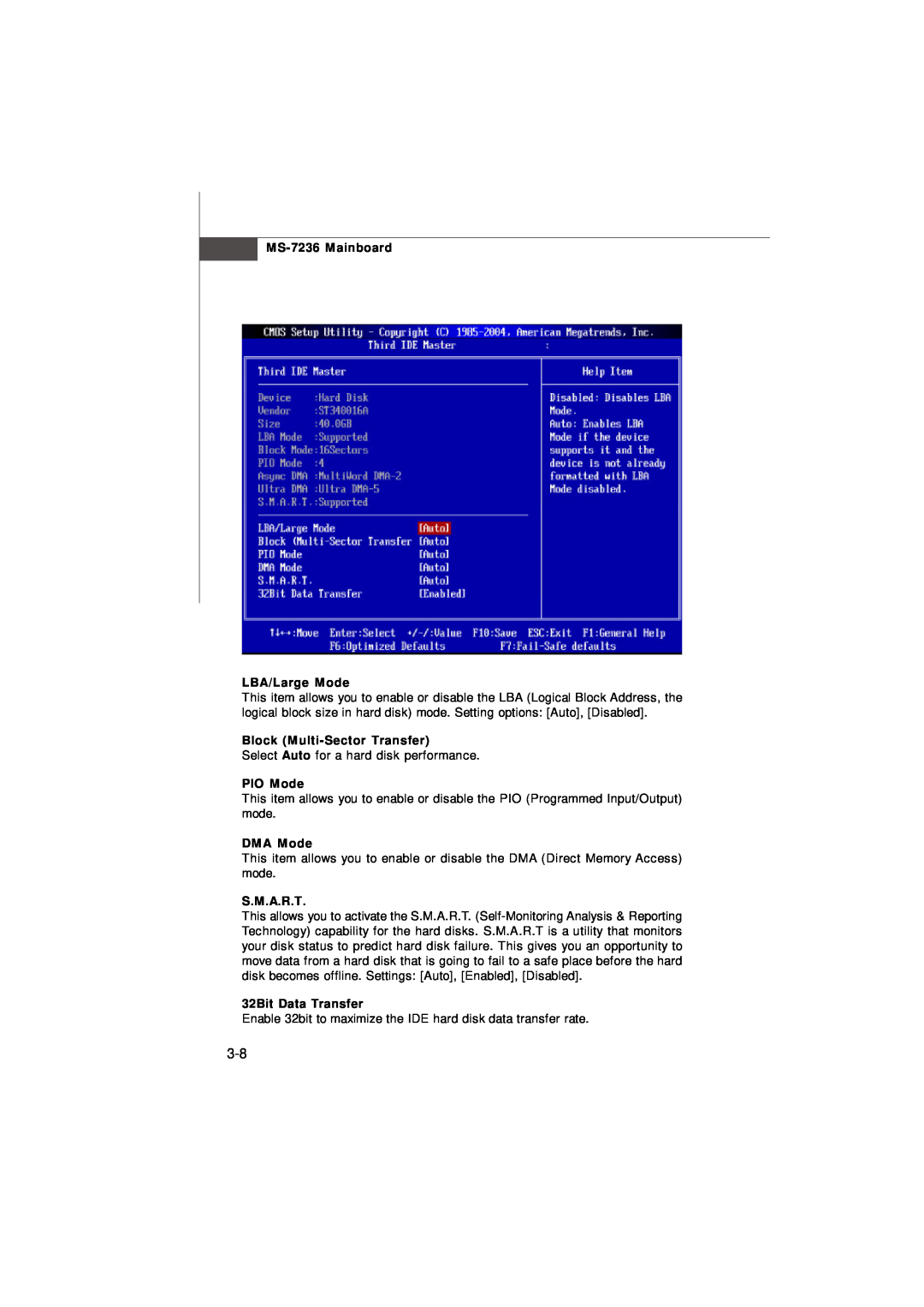 IBM G52-72361X2 manual MS-7236 Mainboard LBA/Large Mode, Block Multi-Sector Transfer, PIO Mode, DMA Mode, S.M.A.R.T 