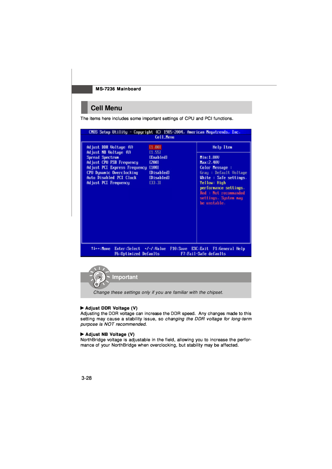 IBM G52-72361X2 manual Cell Menu, 3-28, Adjust DDR Voltage, Adjust NB Voltage, MS-7236 Mainboard 