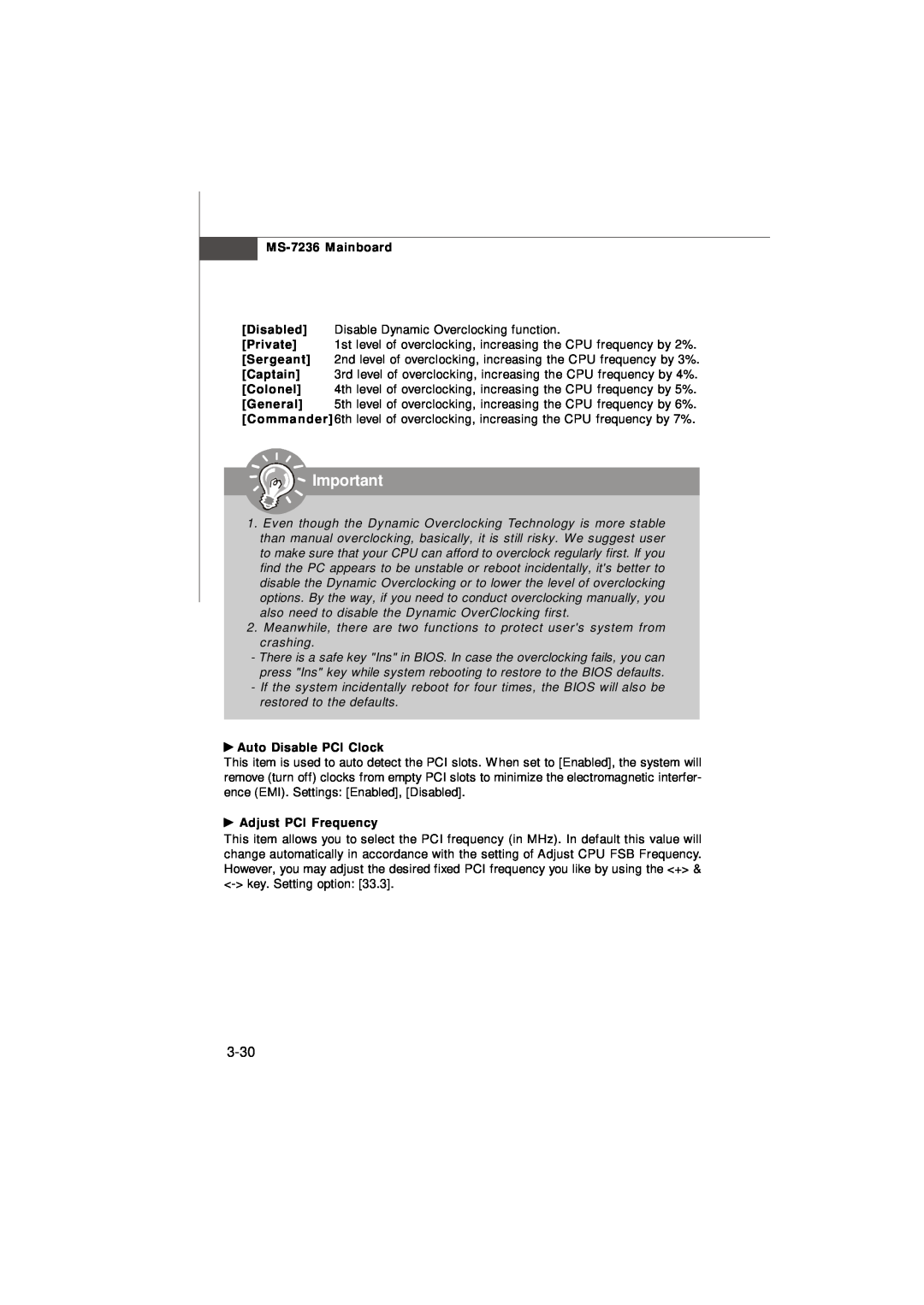 IBM G52-72361X2 manual 3-30, Disabled, Disable Dynamic Overclocking function, Private, Sergeant, Captain, Colonel, General 
