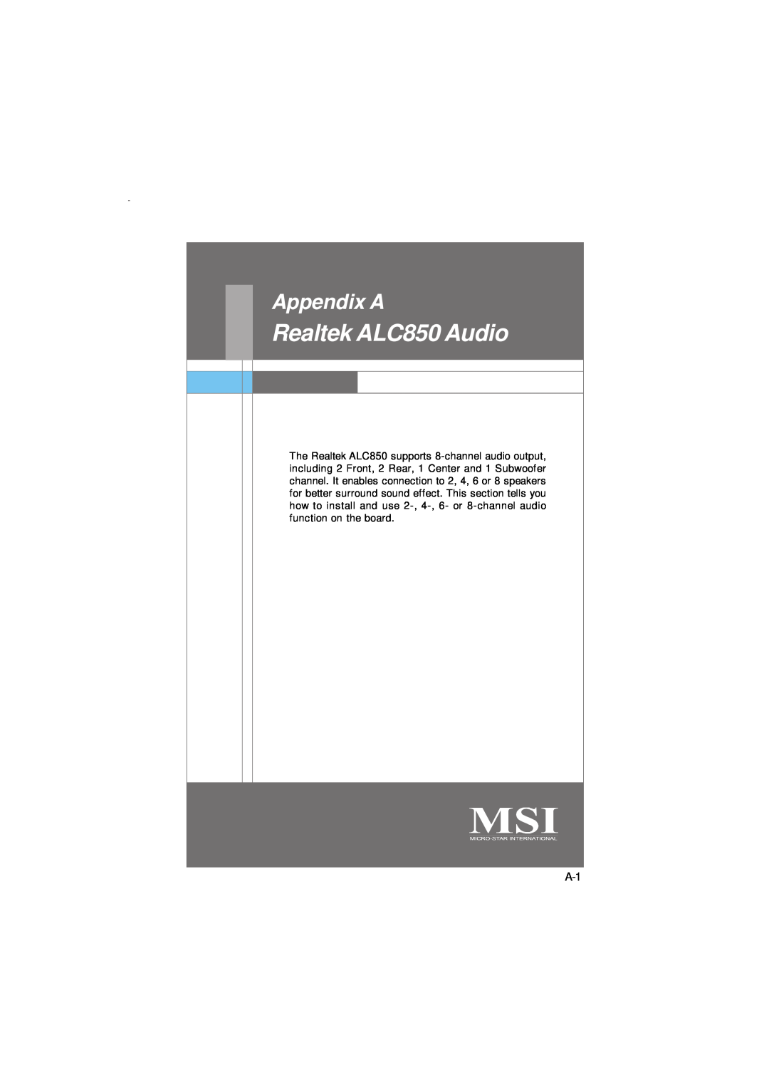 IBM G52-72361X2 manual Realtek ALC850 Audio, Appendix A 
