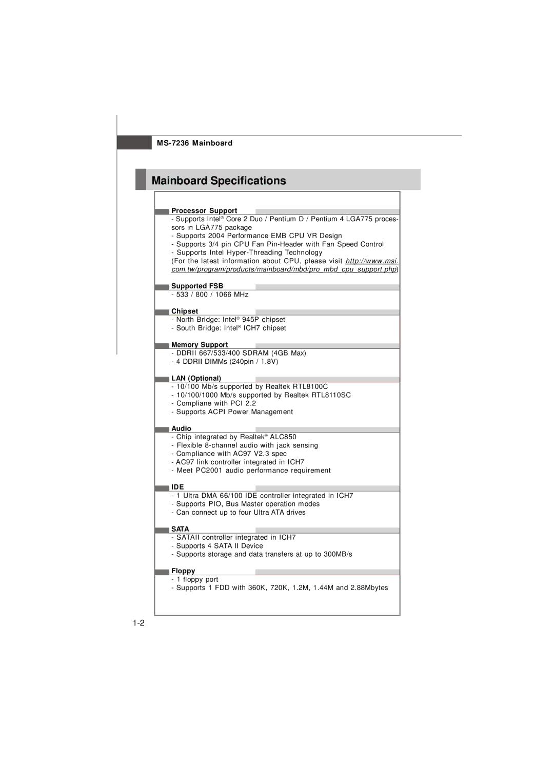 IBM G52-72361X2 manual Mainboard Specifications, MS-7236 Mainboard 