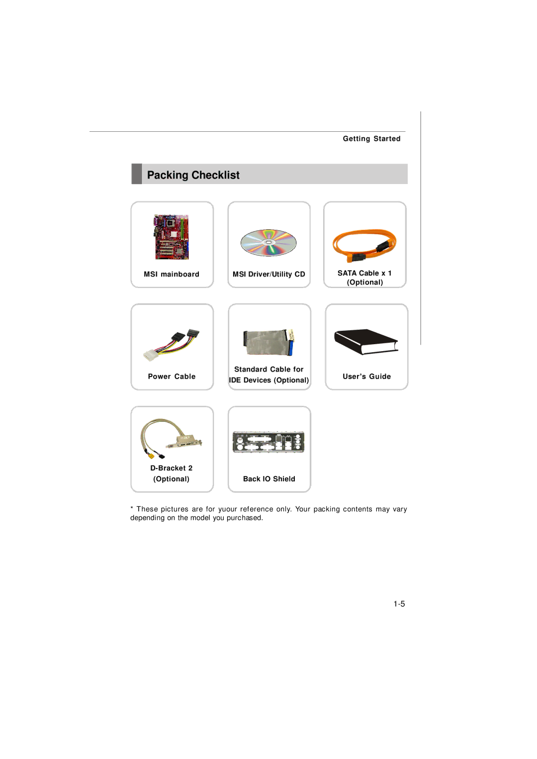 IBM G52-72361X2 manual Packing Checklist, MSI mainboard MSI Driver/Utility CD, Optional 