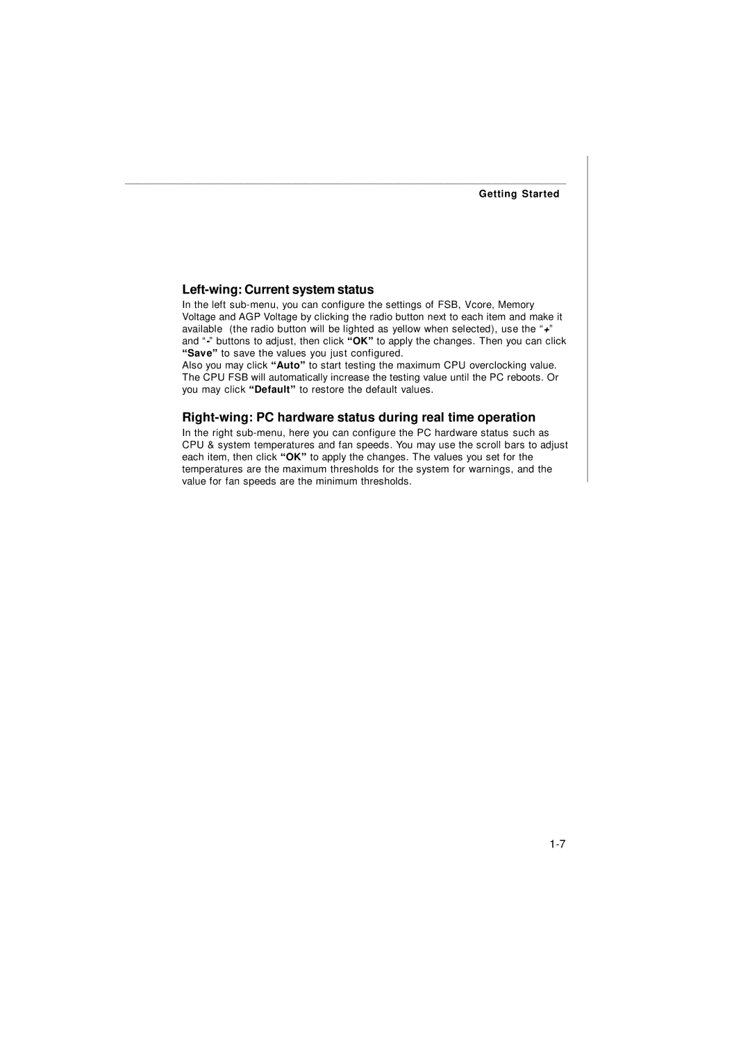 IBM G52-72361X2 manual Left-wing Current system status, Right-wing PC hardware status during real time operation 