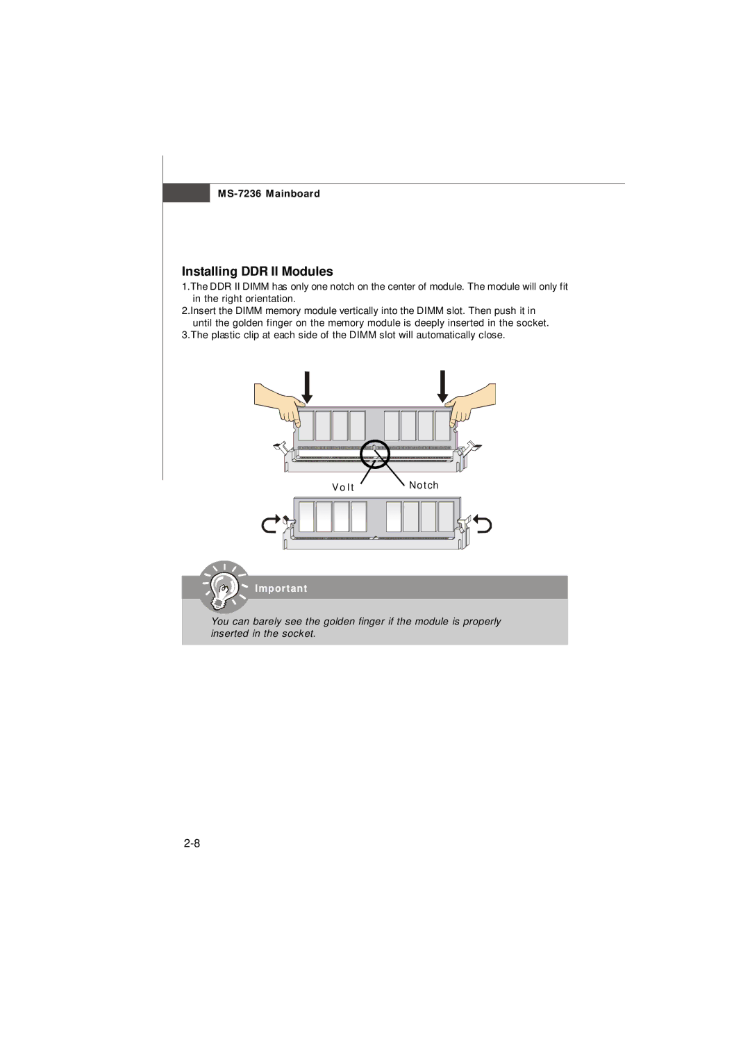 IBM G52-72361X2 manual Installing DDR II Modules, Volt Notch 