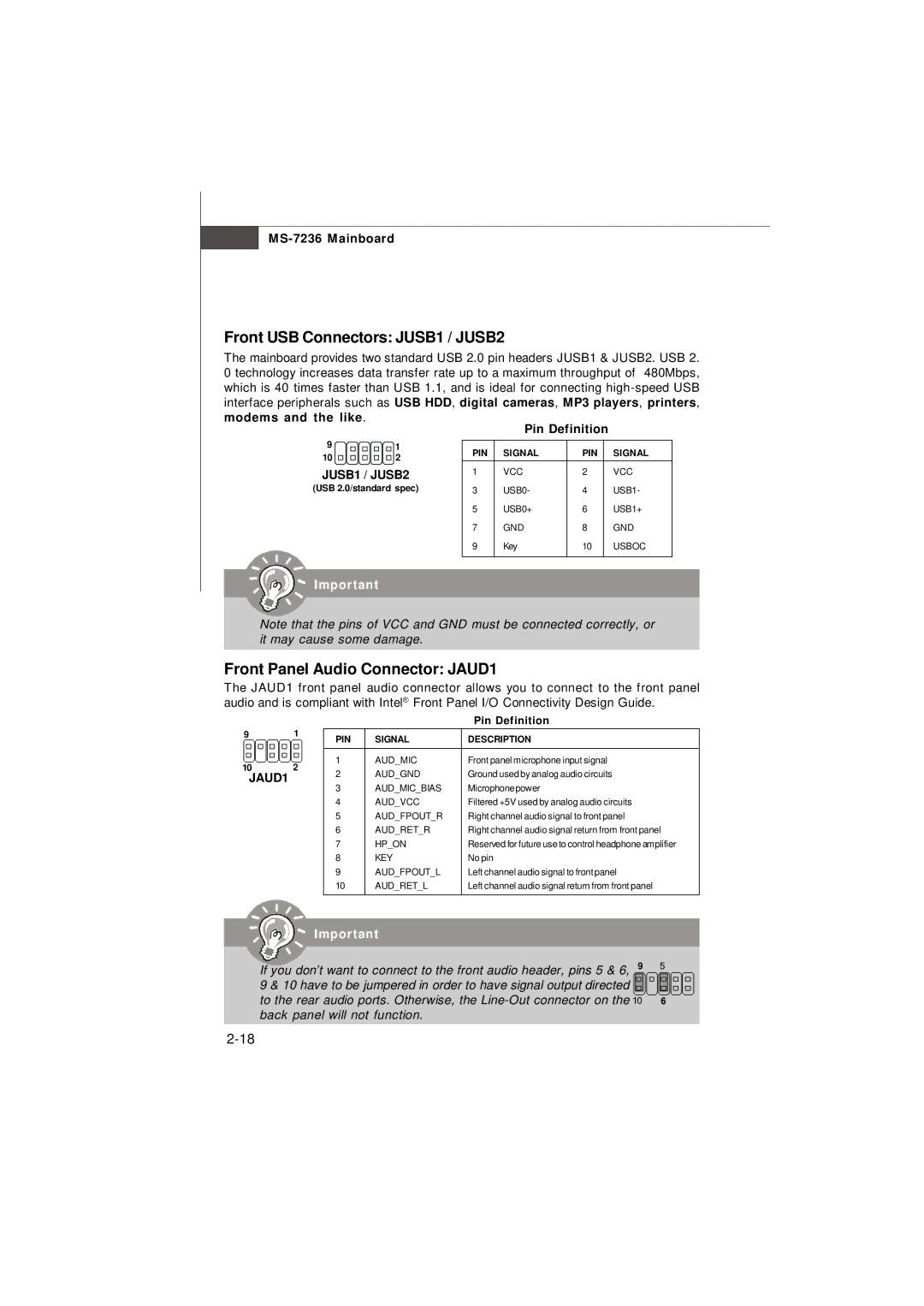 IBM G52-72361X2 manual Front USB Connectors JUSB1 / JUSB2, Front Panel Audio Connector JAUD1, Pin Definition 