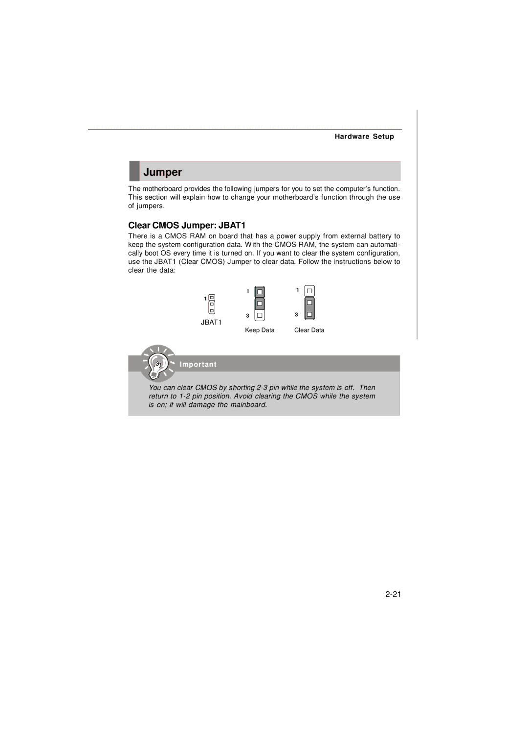 IBM G52-72361X2 manual Clear Cmos Jumper JBAT1 