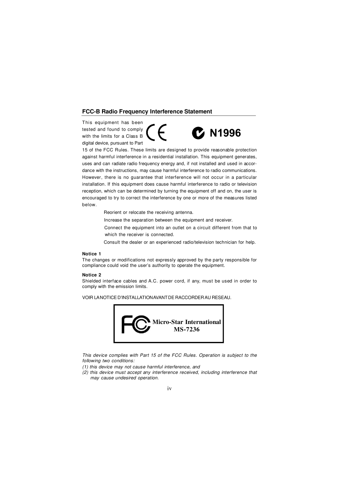 IBM G52-72361X2 manual Micro-Star International MS-7236, FCC-B Radio Frequency Interference Statement 