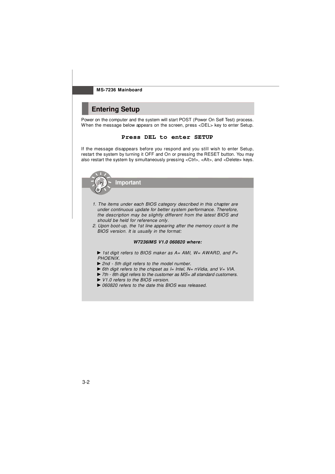 IBM G52-72361X2 manual Entering Setup, Press DEL to enter Setup 