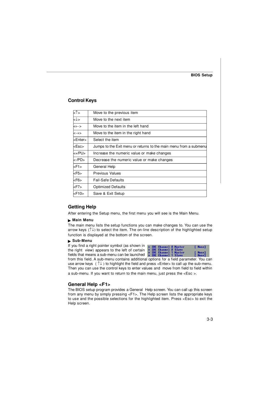 IBM G52-72361X2 manual Control Keys, Getting Help, General Help F1, Main Menu, Sub-Menu 
