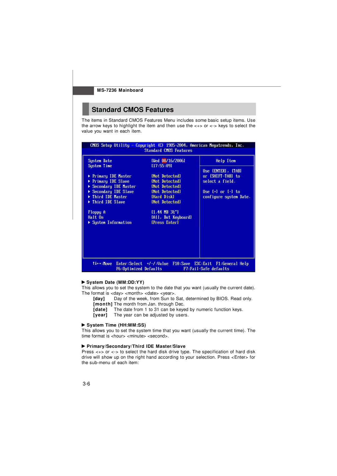 IBM G52-72361X2 Standard Cmos Features, System Date Mmddyy, System Time Hhmmss, Primary/Secondary/Third IDE Master/Slave 