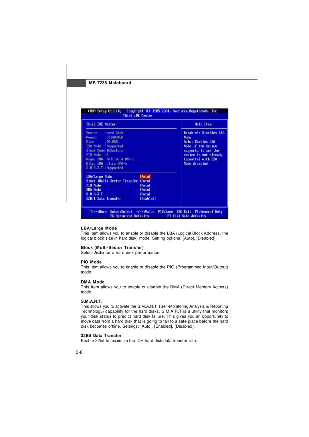 IBM G52-72361X2 manual MS-7236 Mainboard LBA/Large Mode, Block Multi-Sector Transfer, PIO Mode, DMA Mode, A.R.T 