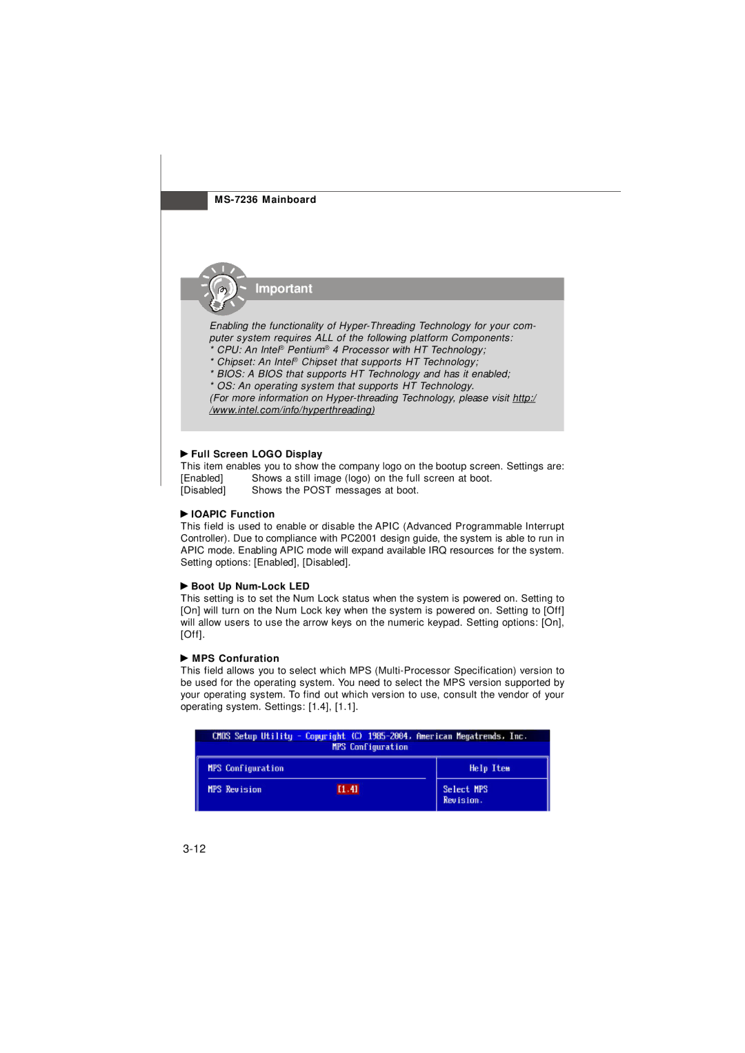 IBM G52-72361X2 manual Full Screen Logo Display, Ioapic Function, Boot Up Num-Lock LED, MPS Confuration 