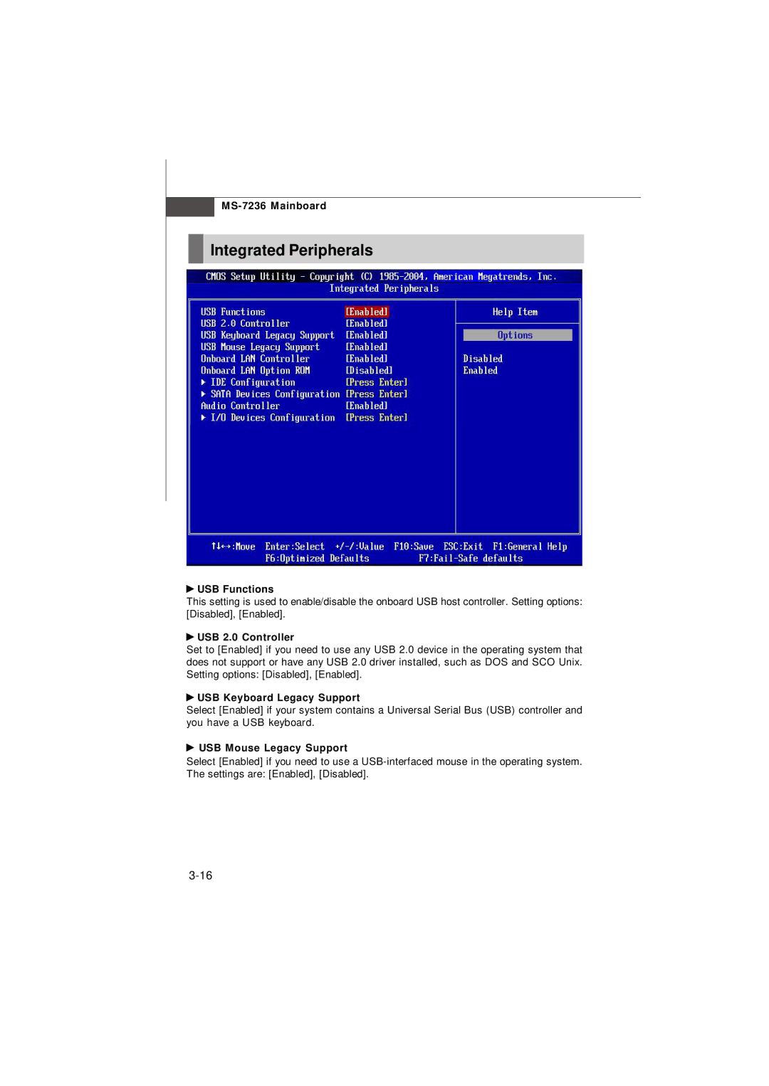 IBM G52-72361X2 manual Integrated Peripherals, USB Functions, USB 2.0 Controller, USB Keyboard Legacy Support 