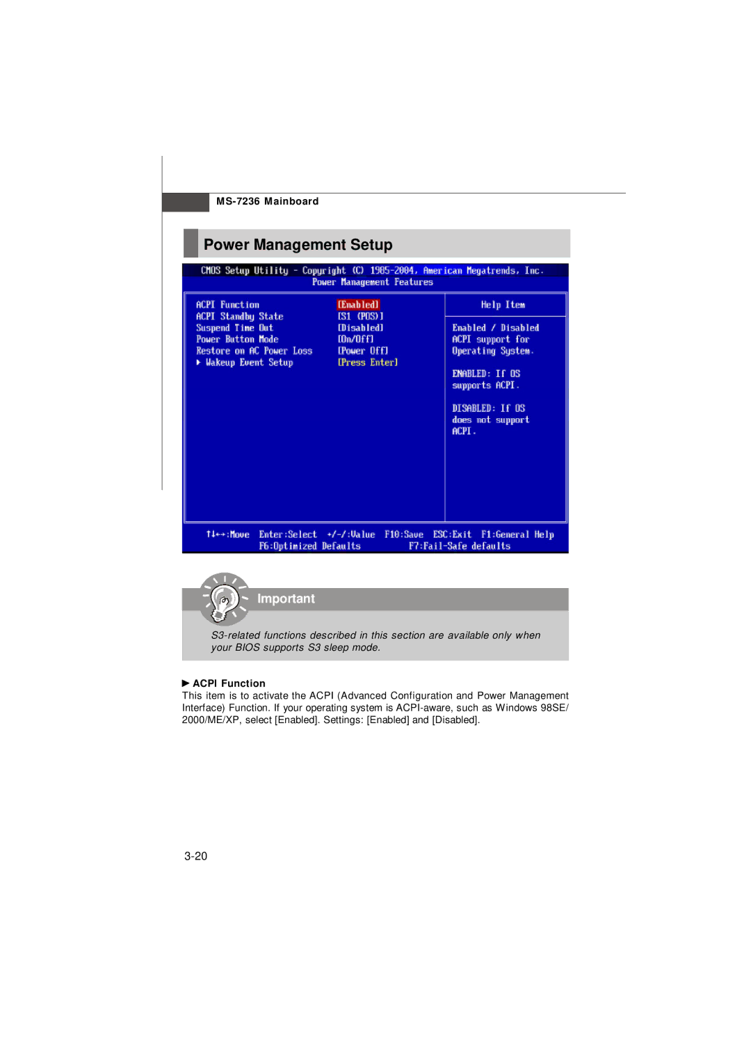 IBM G52-72361X2 manual Power Management Setup, Acpi Function 