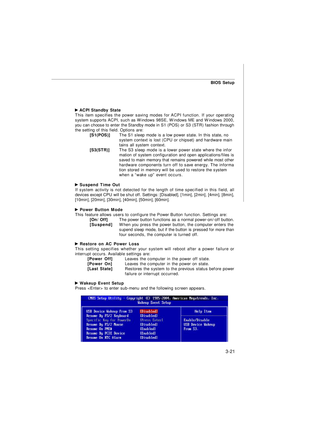 IBM G52-72361X2 manual Bios Setup Acpi Standby State, Suspend Time Out, Power Button Mode, Restore on AC Power Loss 