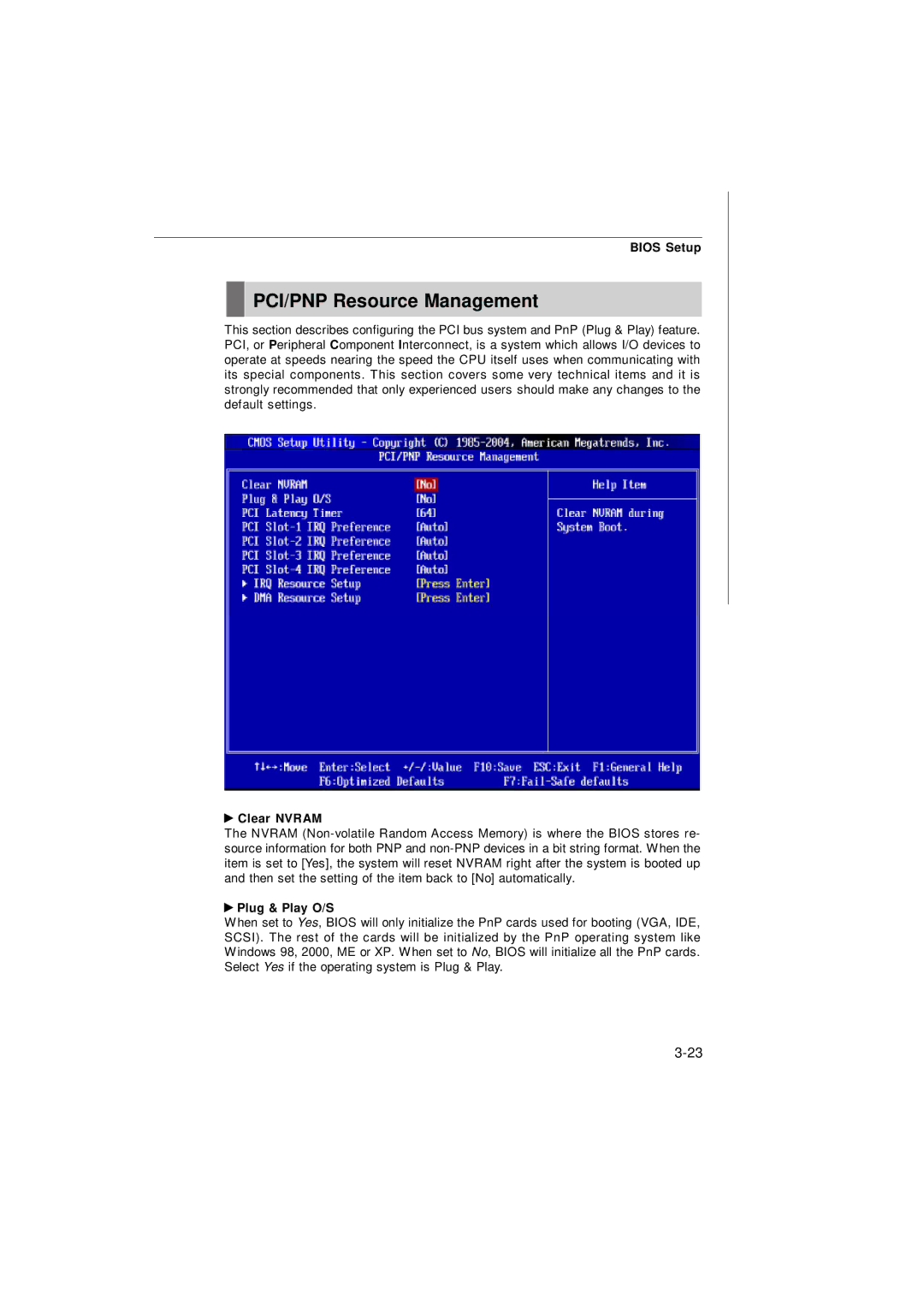 IBM G52-72361X2 manual PCI/PNP Resource Management, Clear Nvram, Plug & Play O/S 