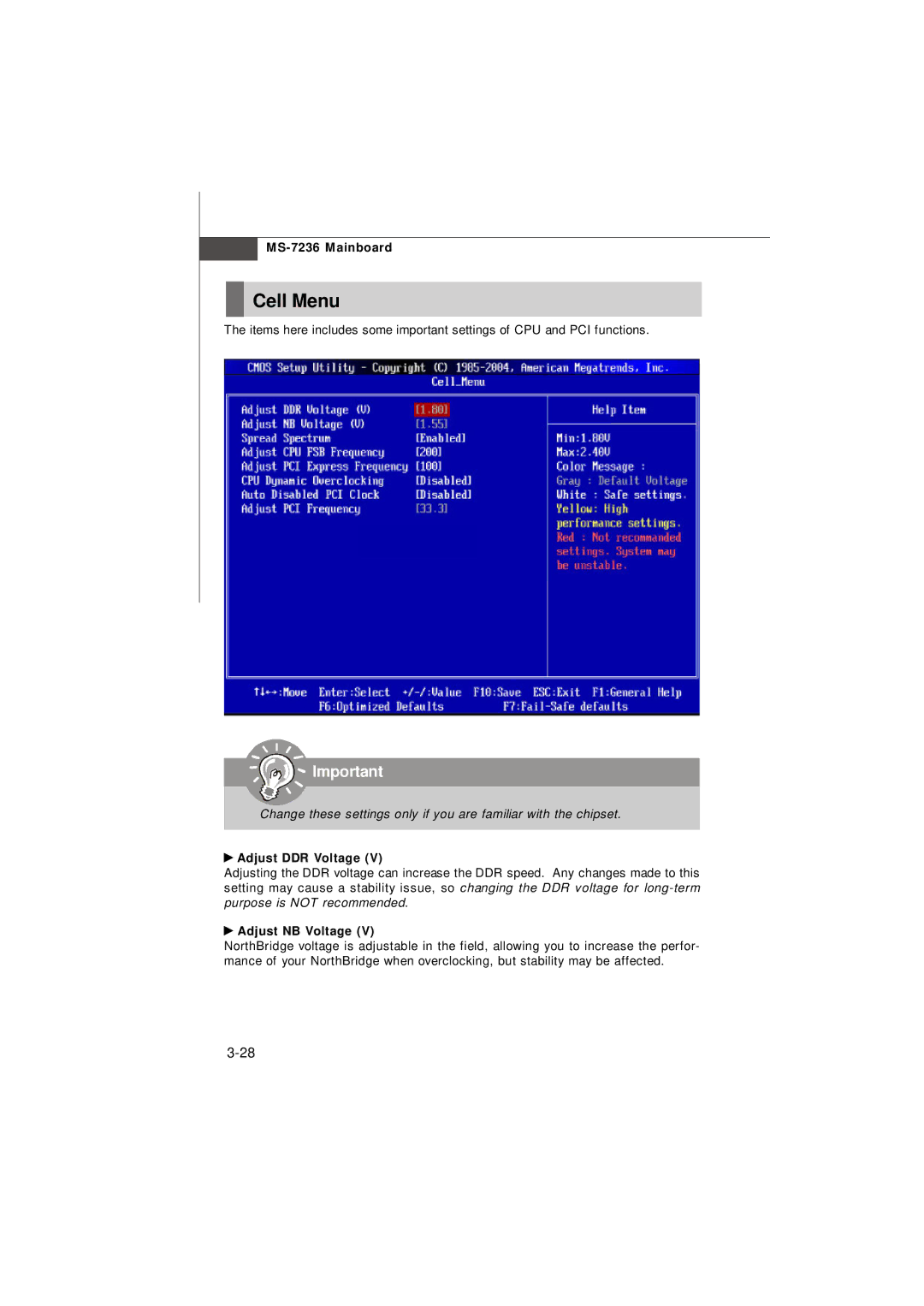 IBM G52-72361X2 manual Cell Menu, Adjust DDR Voltage, Adjust NB Voltage 